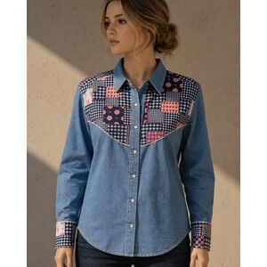 Vintage Brutus Womens Western Patchwork Button Down Shirt Blue‎ Chambray Large